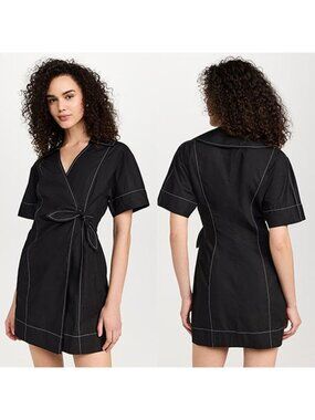 NWT GANNI Cotton Poplin Wrap V Neckline Short Sleeves Mini Dress Black Size: 8